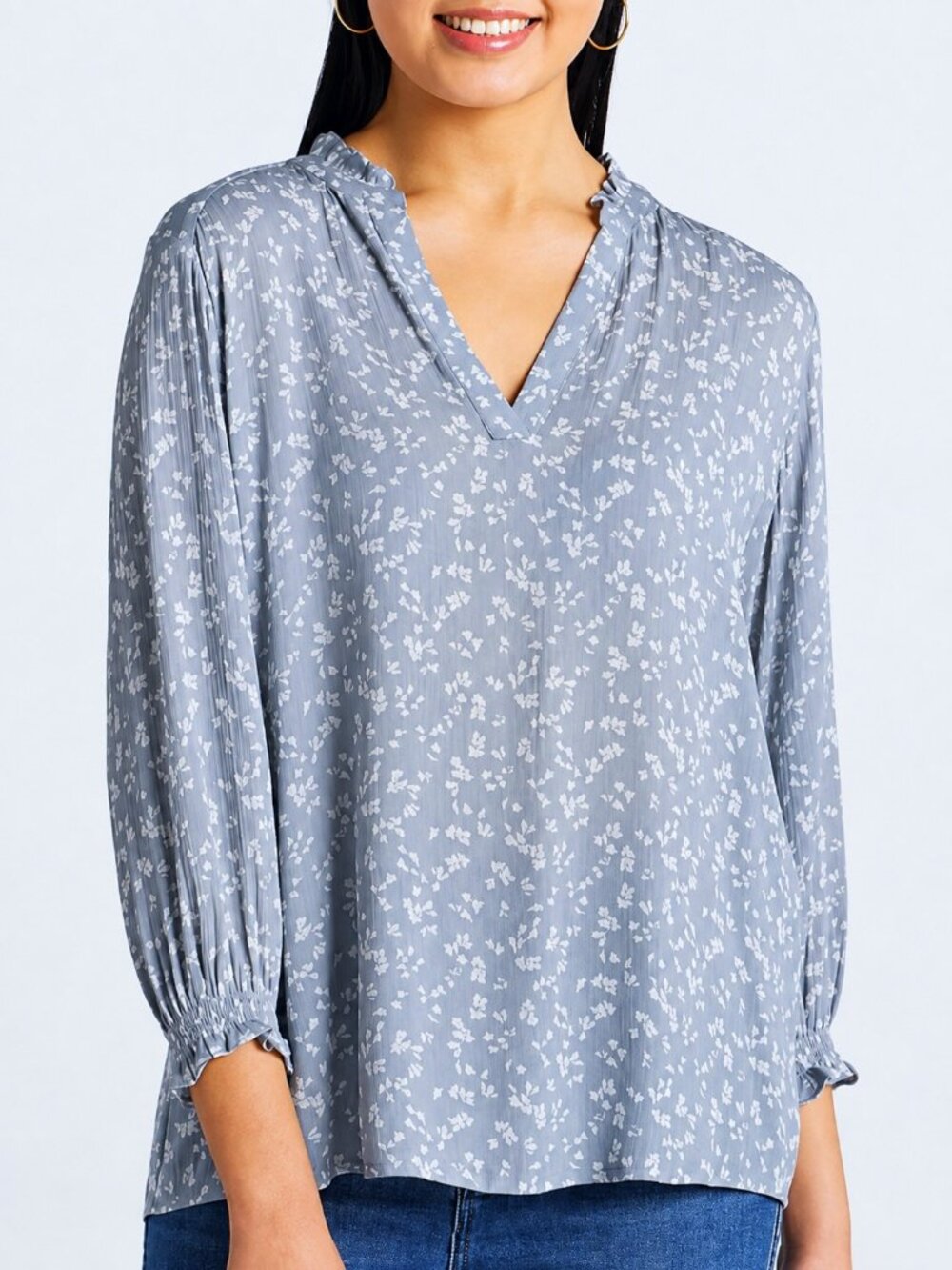 Stitch Fix Monday Fun Veronica Smocked Sleeve Blouse Top Dusty Blue Grey NWT